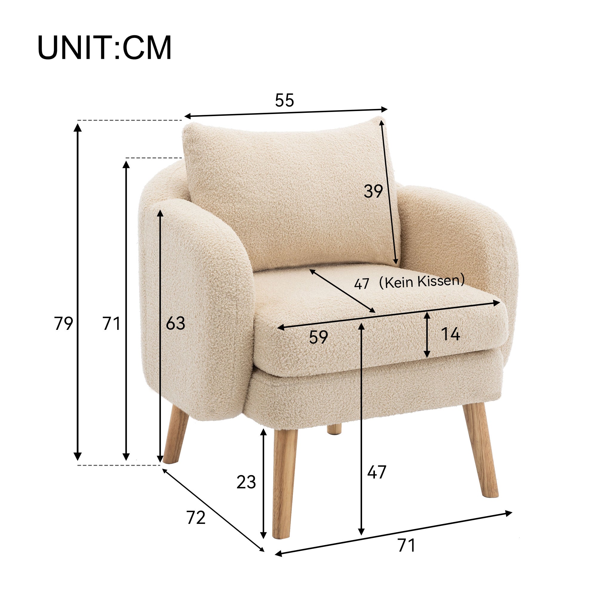 Fauteuil en tissu bouclette avec coussin épais - pieds en bois massif - beige - 8