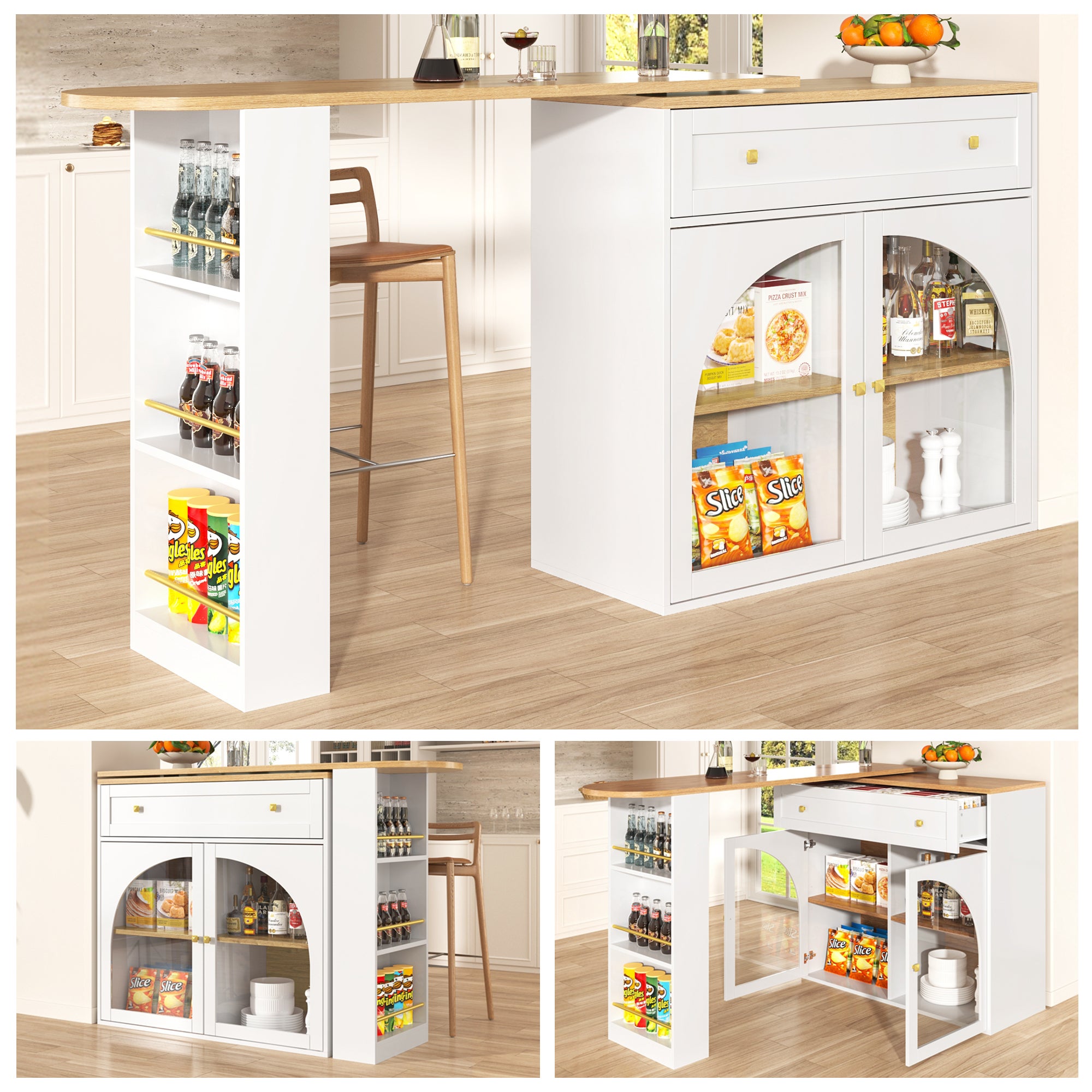 Rozsuwana szafka barowa z 2 szklanymi drzwiami, 2 szufladami i 3 półkami - 138-204 x 39 x 104 cm - MDF - Biały