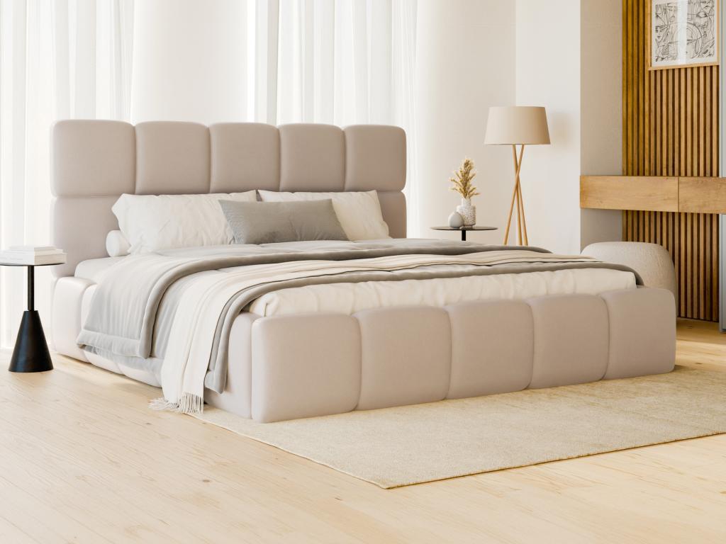 Lit coffre 160 x 200 cm - Tissu effet cuir - Beige + Matelas - DAMADO