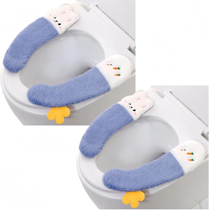 NIEBIESKIE 2 pary pokrowców na deskę sedesową, gruba, lepka poduszka na deskę sedesową, urocze pluszowe, zmywalne, zimowe siedzisko sedesowe