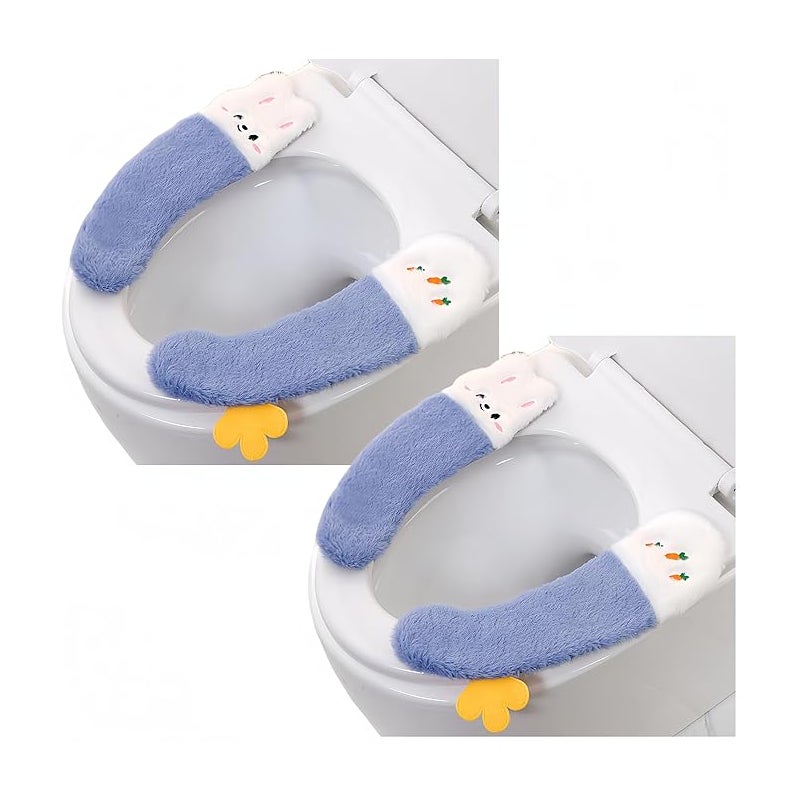 NIEBIESKIE 2 pary pokrowców na deskę sedesową, gruba, lepka poduszka na deskę sedesową, urocze pluszowe, zmywalne, zimowe siedzisko sedesowe