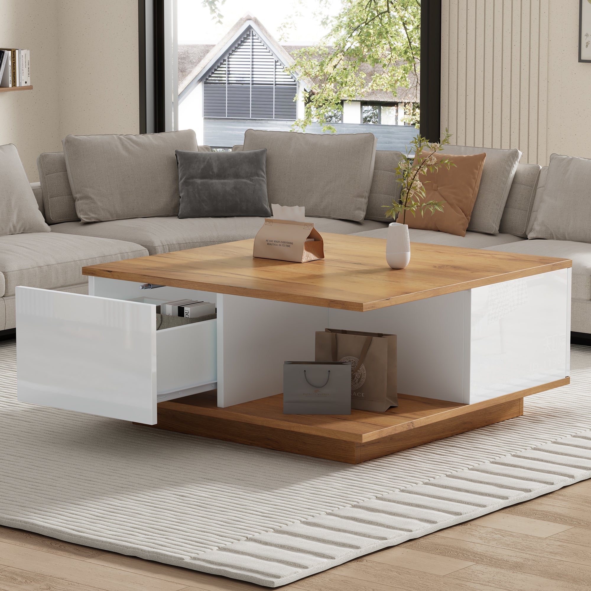 Stolik kawowy kwadratowy z 3 szufladami, stolik pomocniczy - 70 x 70 x 31,5 cm - diody LED - płyta wiórowa - kolor biały i orzechowy - 5