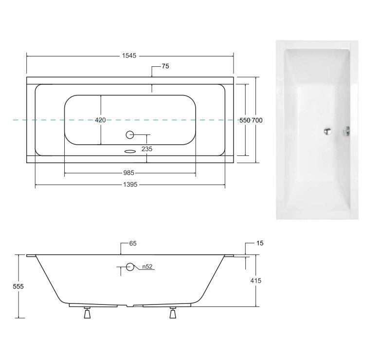 Baignoire rectangulaire à encastrer de 155 x 70 cm - BLANC - avec Repose Tête OFFERT - QUADRO SLIM - 4