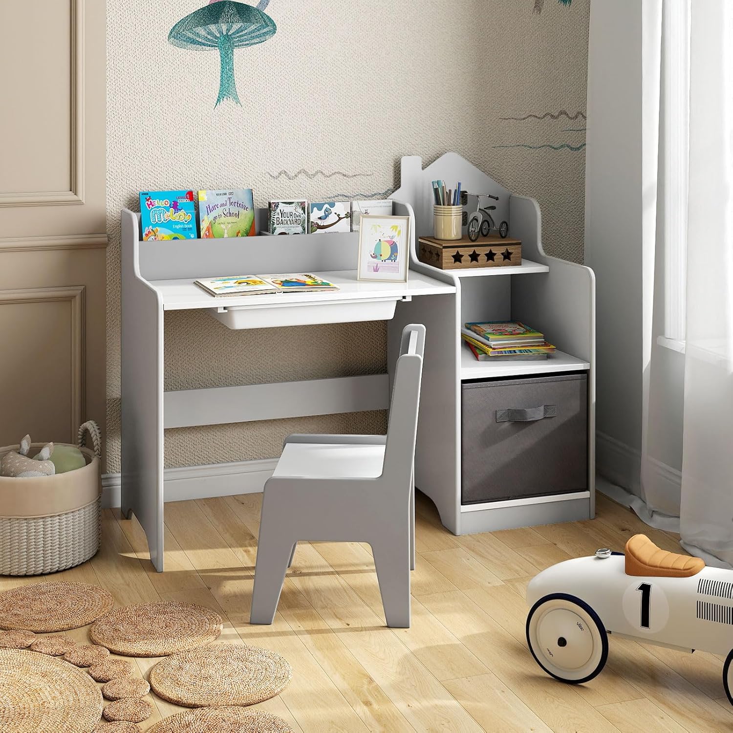 Stolik Dziecięcy z Ergonomicznym Krzesłem, Biurko z Miejscem do Przechowywania, Regałami i Szufladami, do Pokoju Dziecięcego i Przedszkola (Szary)