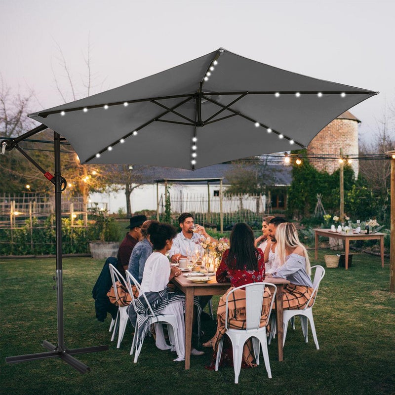 COSTWAY ombrellone 300cm, ombrellone a sbalzo con 32 LED solari e manovella, angolo di inclinazione regolabile, ombrellone da giardino ombrellone da patio blu