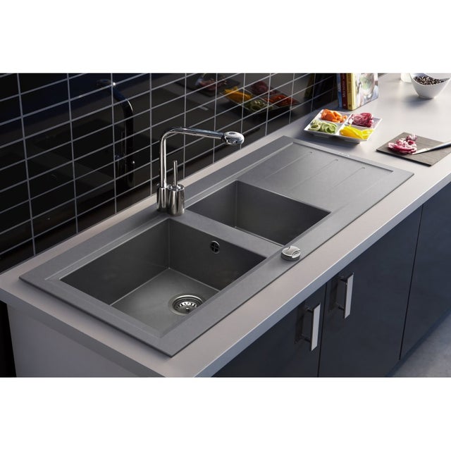 Évier cuisine à encastrer 2 bacs OMÉGA CAREA en Minéral 117 x 50 cm Gris