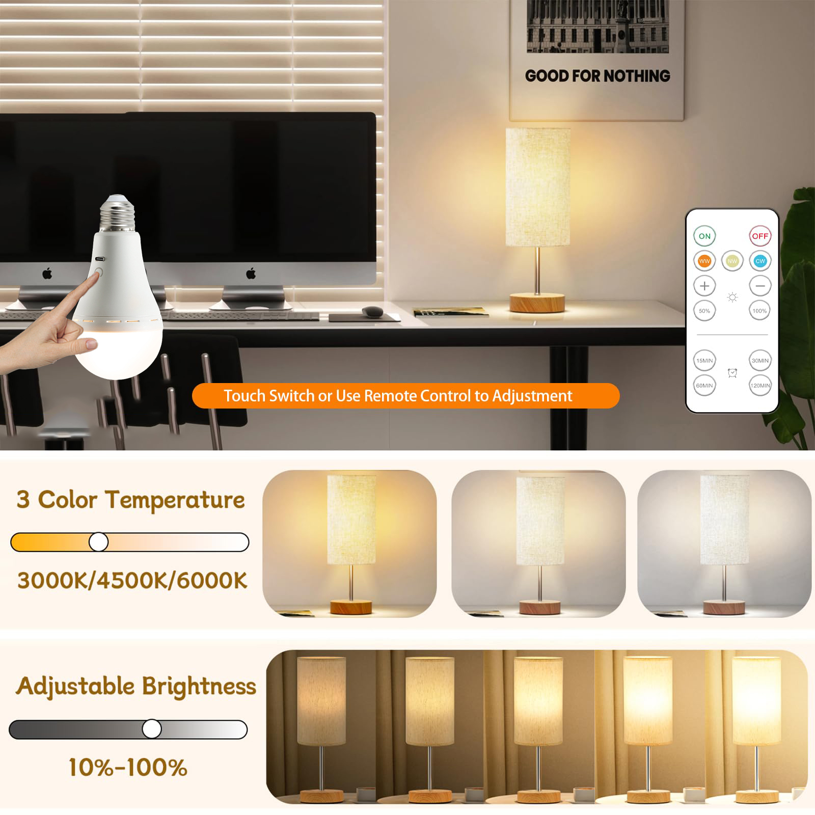 Ampoule rechargeable E27 - Ampoule à intensité variable 5 W avec télécommande et crochet, température de couleur réglable 3000-6000 K, 2000 mAh - 2