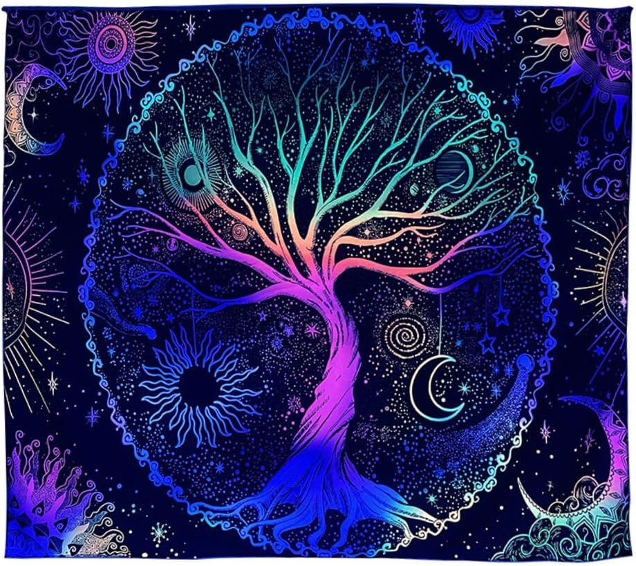 Gobelin ścienny Drzewo Życia 100 x 150 cm, Księżyc i słońce, czarna psychodeliczna, gwiaździsta mandala, hipisowska dekoracja ścienna, gwiaździste ni