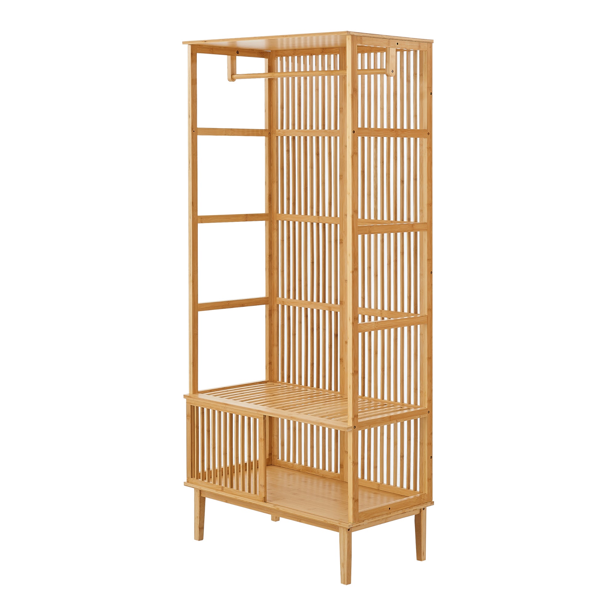 Armadio Aperto In Bambù Unho - Appendiabiti A Giorno Con Ripiani, 177x41.5x196 Cm, Multifunzione Per Camera Da Letto E Soggiorno