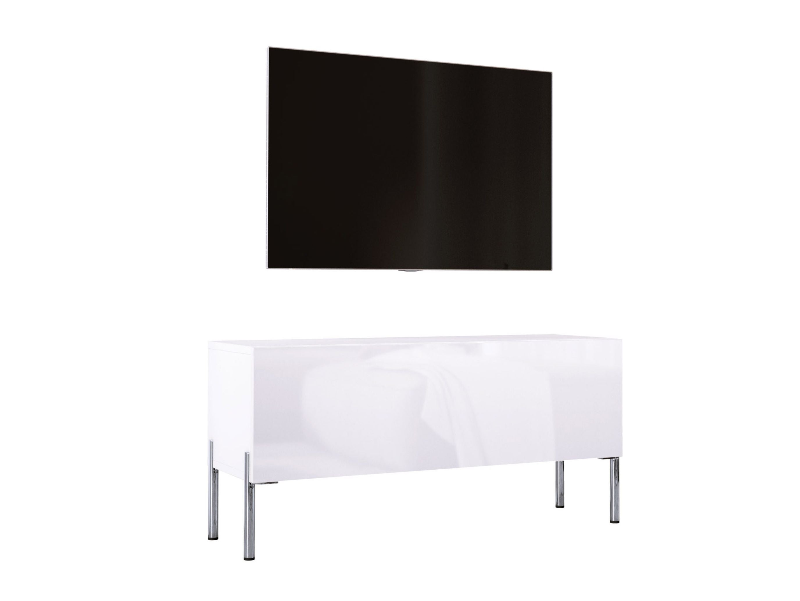 Meuble TV Blanc Mat / Blanc Brillant, Pieds Chrome, 100 x 52 x 32 Cm