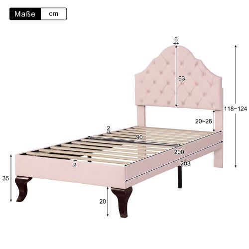 Letto Singolo Imbottito 90x200cm Con Testata Regolabile E Contenitore - Tessuto Velour Rosa, Senza Materasso - Foto 9