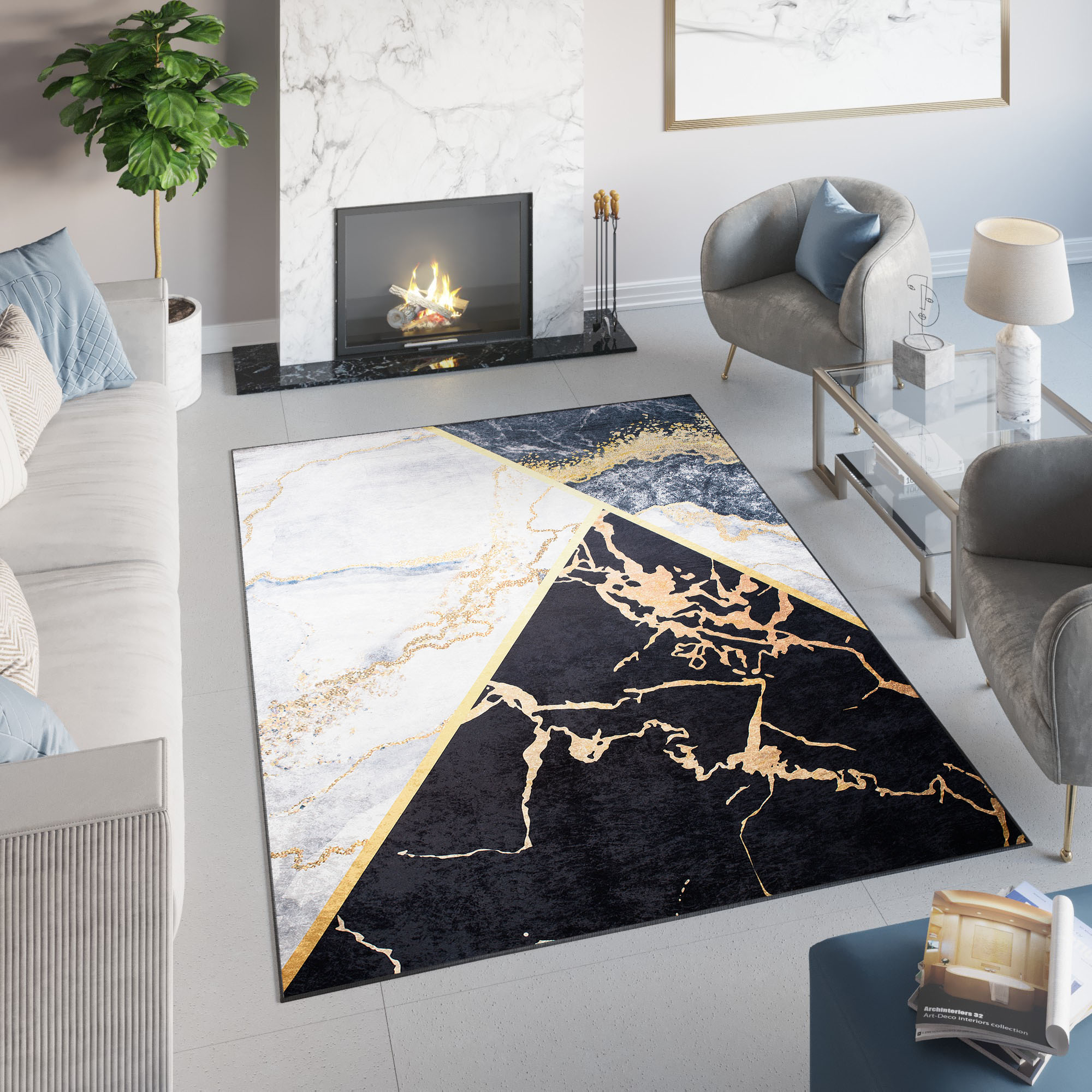 Tapiso toscana alfombra antideslizante de salón moderno abstracto negro blanco dorado gris impreso sin pelo 120 x 170 cm