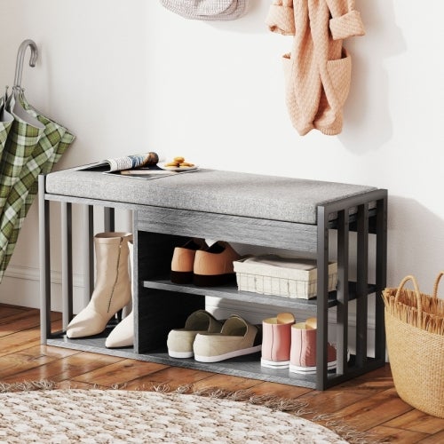 Banc D'Entrée Capitonné Bambou Rita - Banquette Chaussures Gris Clair Avec Étagère Échelle, Style Scandinave Élégant