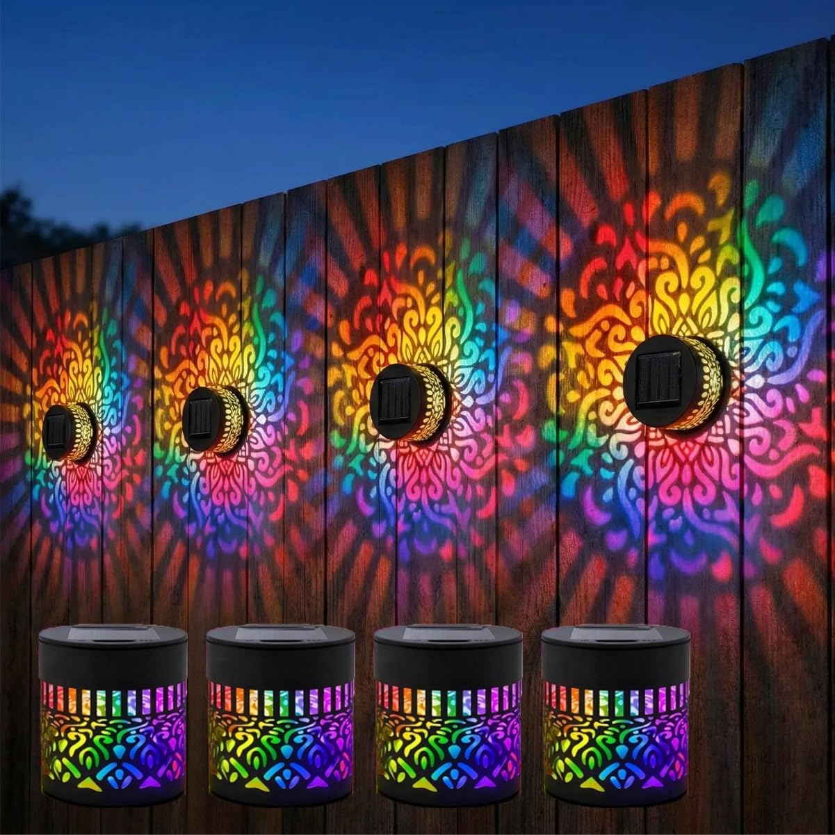 Zestaw 4 solarnych lamp ściennych mandala, siedem zmieniających kolorów, dekoracyjna metalowa lampa projekcyjna do użytku na zewnątrz, wodoodporn