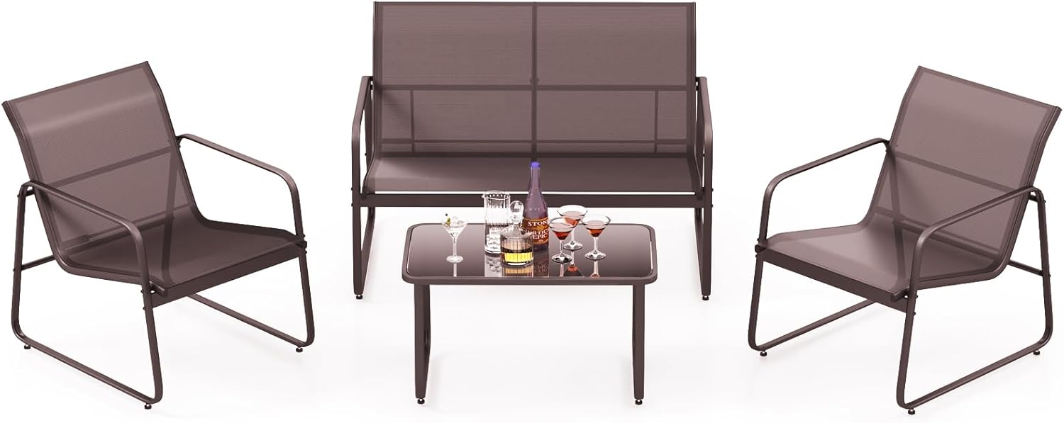 Salon de Jardin 4 Pièces avec 2 Chaises Table en Verre Trempé et Causeuse, Cadre Métallique, pour Porche Bord de Piscine Balcon, Marron - 4