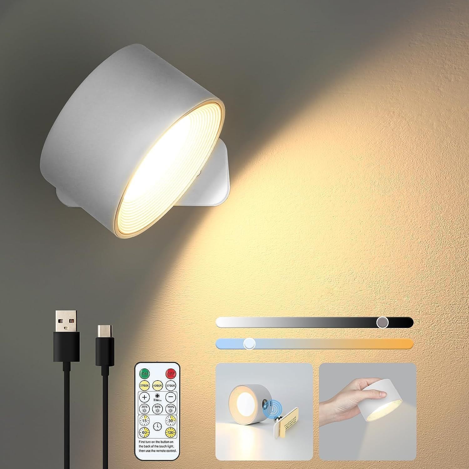 Applique Murale LED Tactile Avec USB – Lumière 360° Rotative Grain De Bois – 3 Luminosités & 3 Températures – Chambre, Couloir