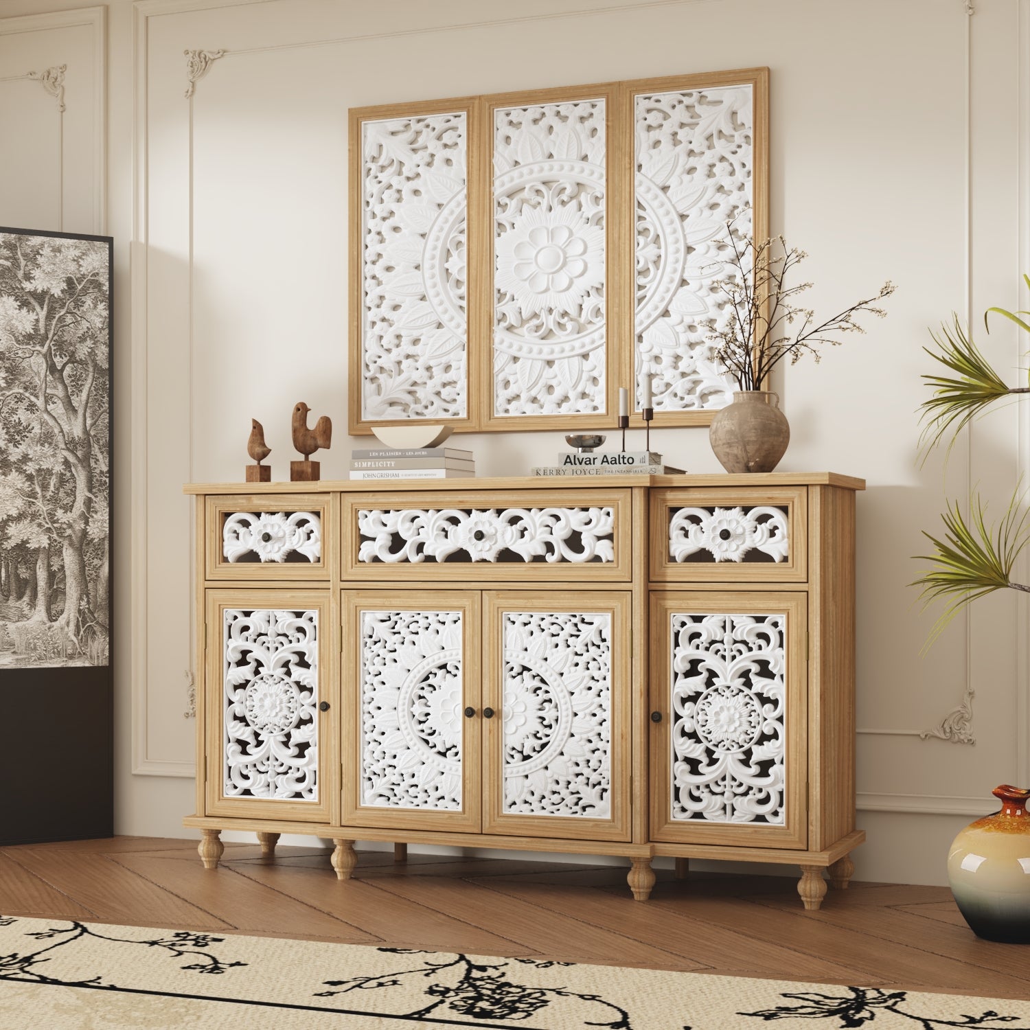 Buffet de Salon avec Décor Mural, 3 Tiroirs et 4 Portes avec Façade Sculptés et Ajourés, Chambre et Salon, 150x40x90, Blanc et Chêne - 6