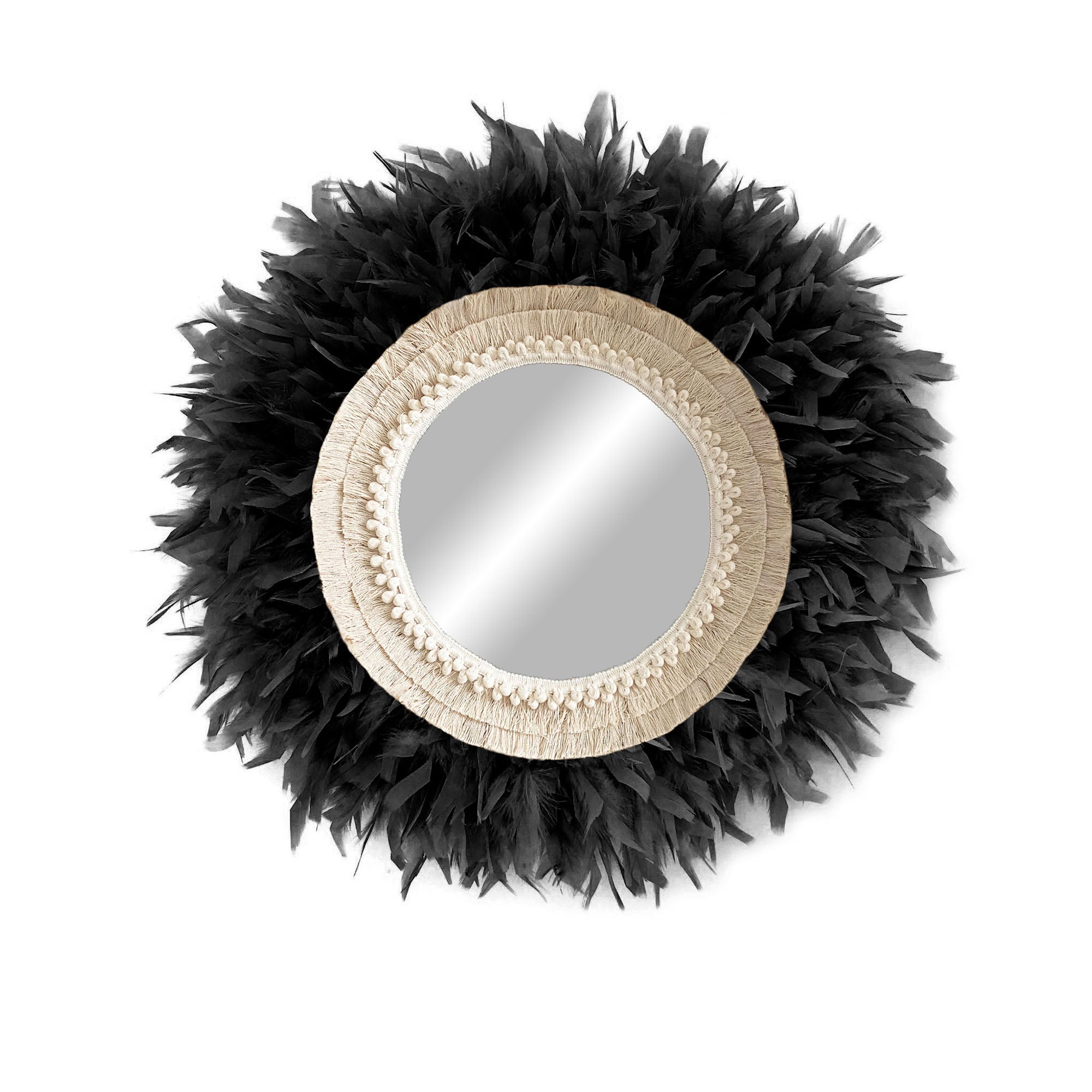 Espejo de pared redondo decorativo con plumas naturales - mirror boho negro 50cm