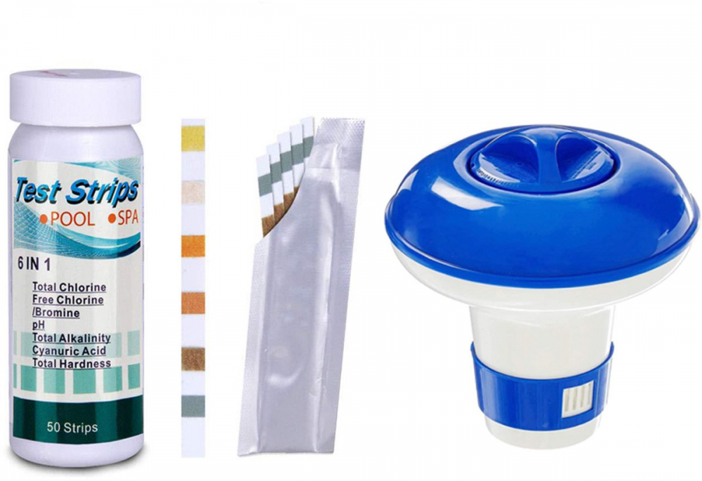 50 arkuszy papieru testowego 6 w 1 do basenów + pływający dozownik chemikaliów do basenów – pH i chlor – bez tabletek