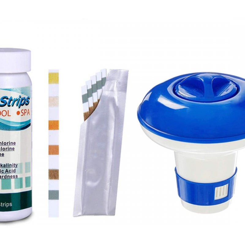 50 arkuszy papieru testowego 6 w 1 do basenów + pływający dozownik chemikaliów do basenów – pH i chlor – bez tabletek
