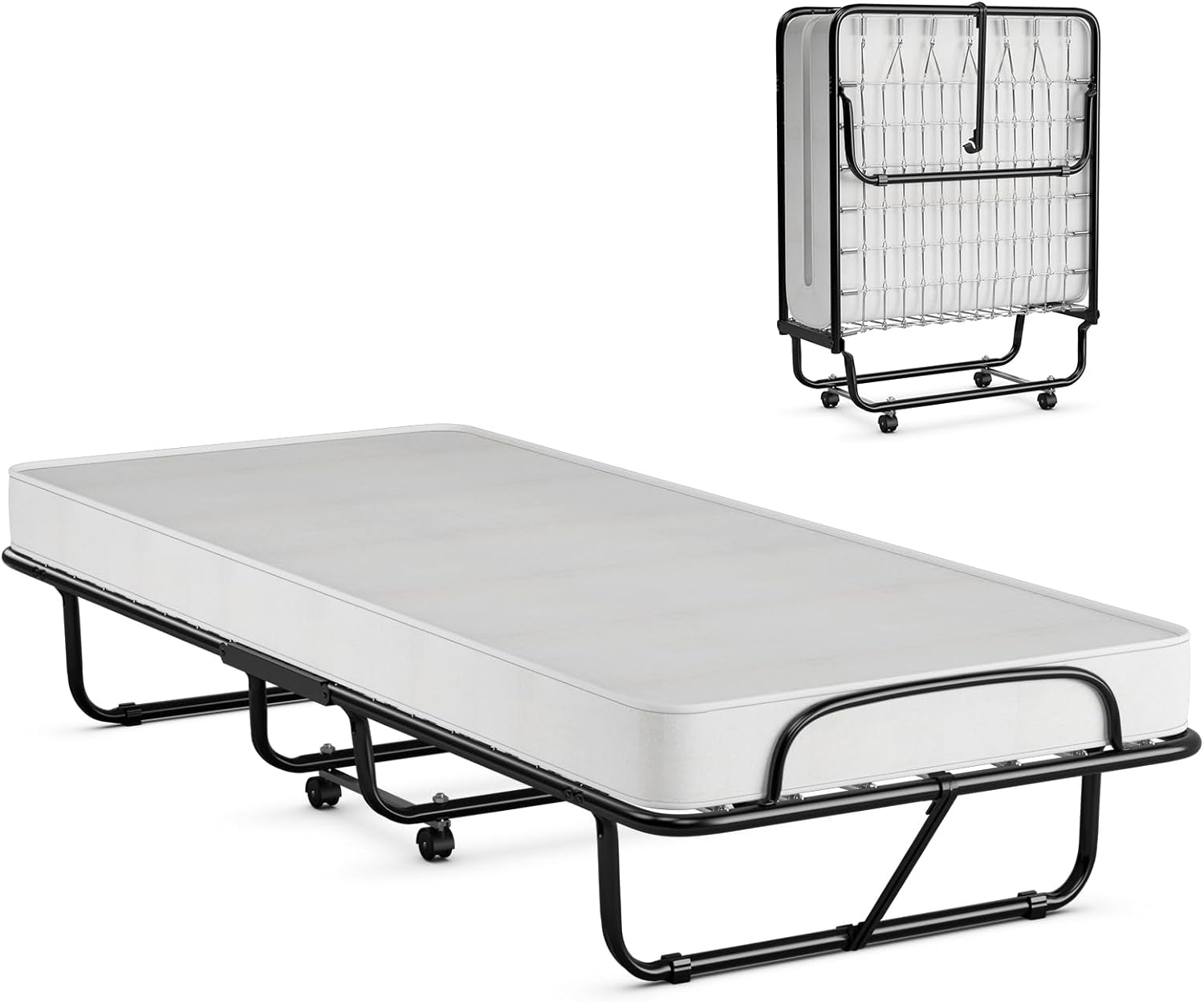 Składane Łóżko Dodatkowe 190 x 80 cm z Grubym Materacem, 4 Kółkami, Maksymalne Obciążenie 120 kg z Materacem Sprężynowym, Oszczędność Miejsca (Czarne)