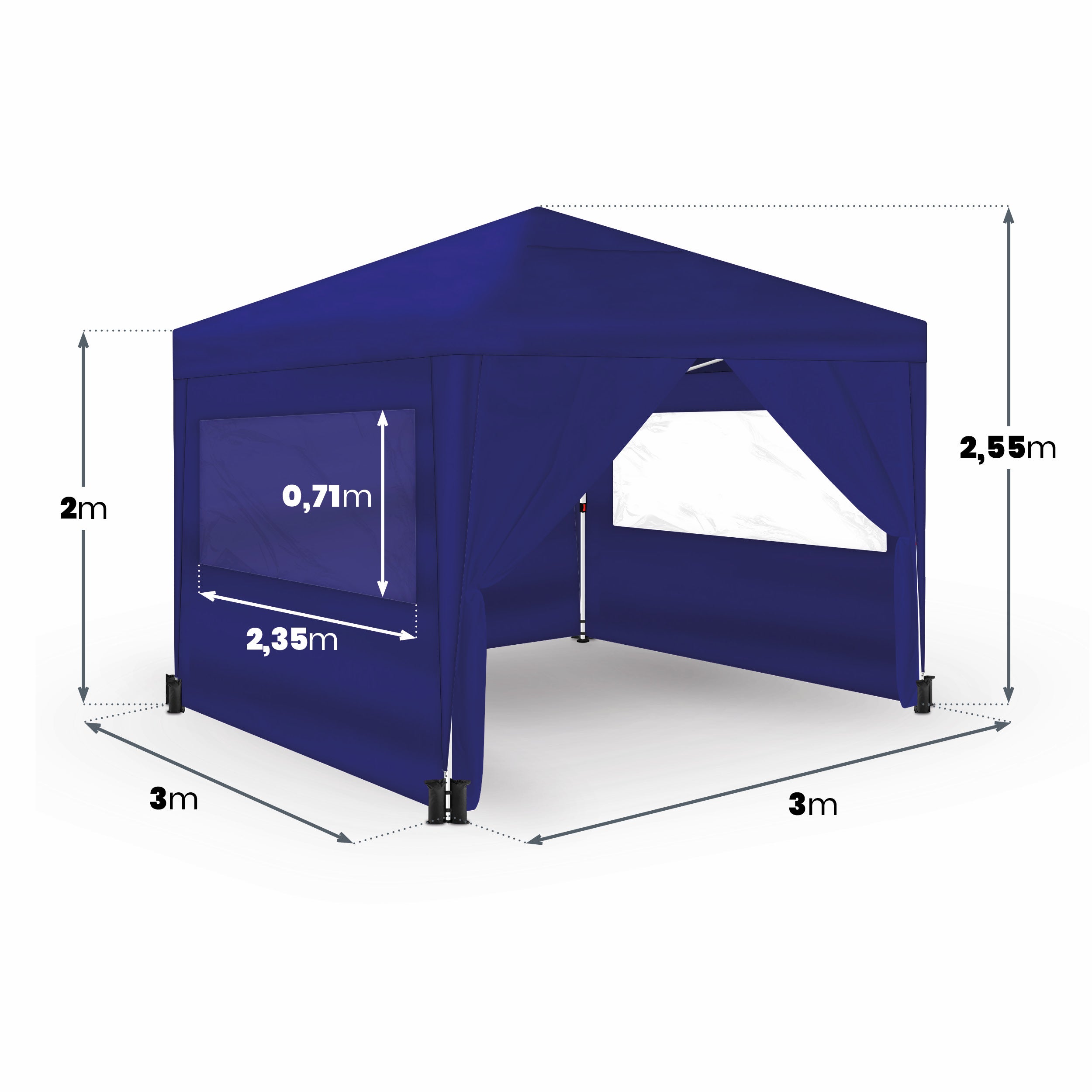 Wasabi - Carpa plegable 3x3 m Azul - 4 paredes laterales - Saco de transporte - Bolsas de arena para mayor aguante - Pérgola jardín - 5