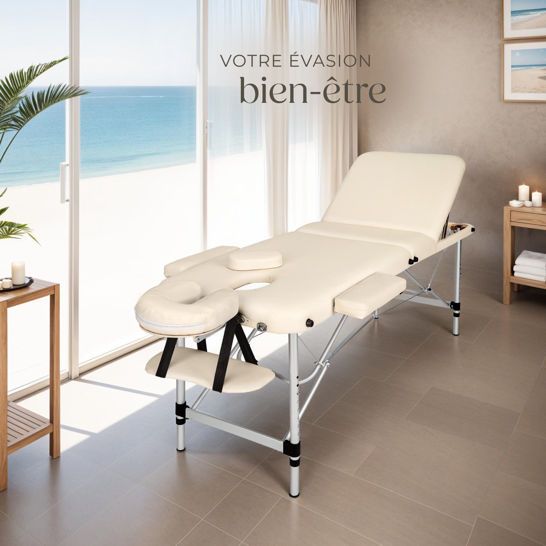Table de massage en bois, pliante, rembourrage épais, appui-tête amovible, 180 x 61 x 90 cm, beige TECTAKE - 9