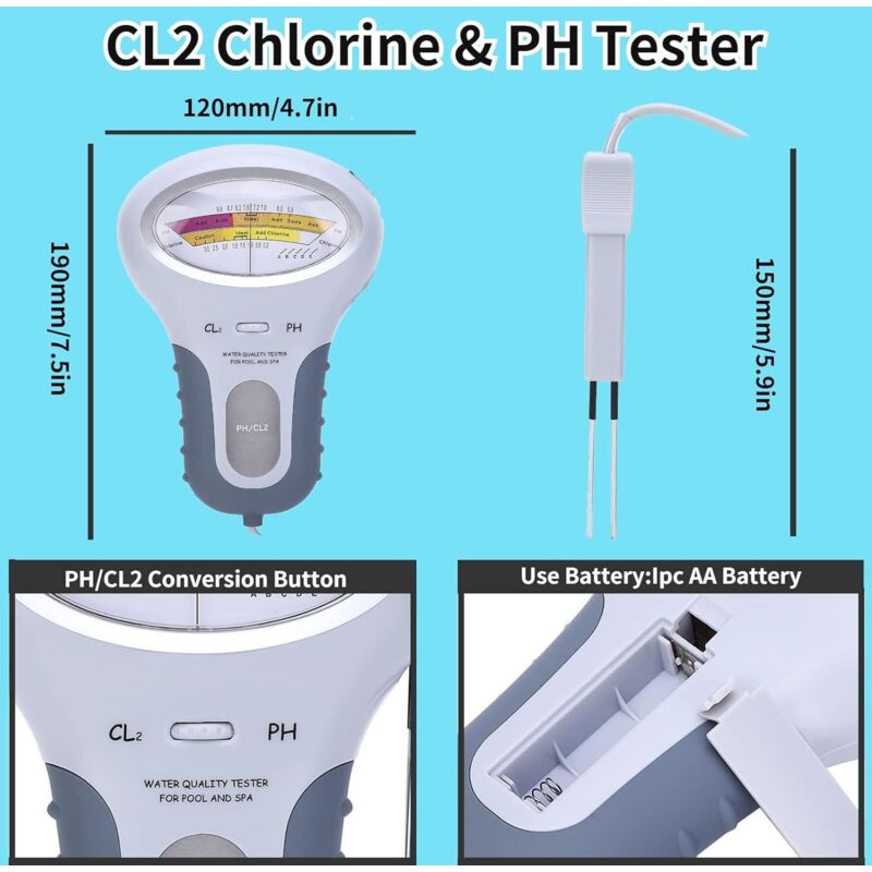 Testeur de Chlore et de pH CL2,Testeur Numérique LCD Multifonction,Testeur de Niveau de Chlore avec Sonde,Pour La Piscine et Le Spa - 2