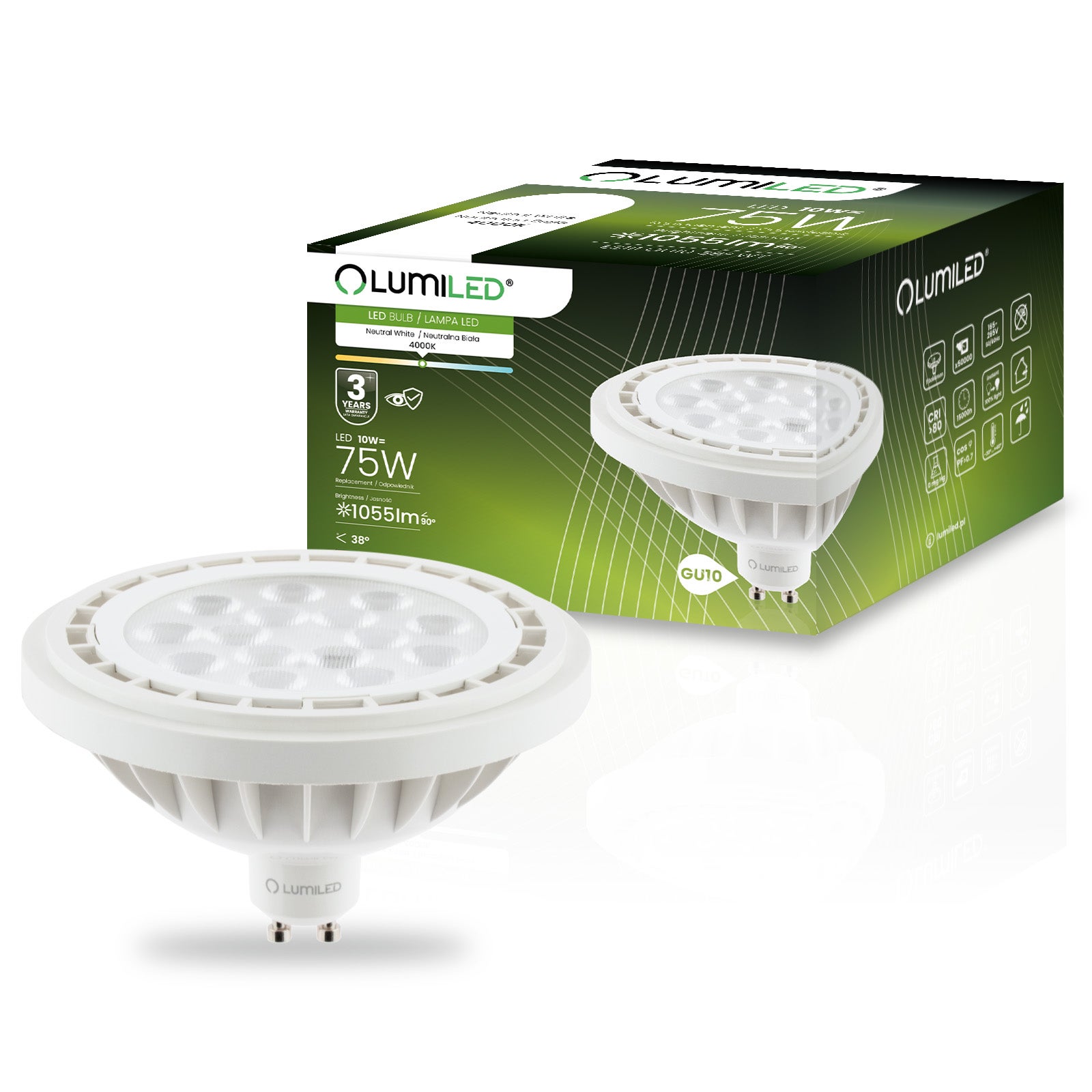 Żarówka LED Lumiled GU10 Reflektor ES111 10W 1055lm 4000K Neutralna biel 38st 1 szt.