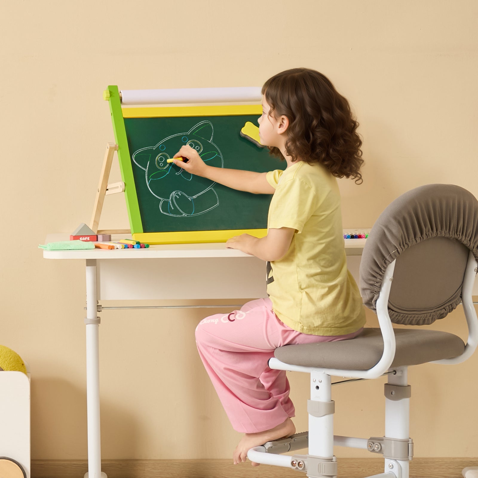 chevalet d'art de bureau pour enfants,VEVOR chevalet en bois réversible 3 en 1 avec tableau magnétique,papier à rouler,pliable,avec accessoires - 8