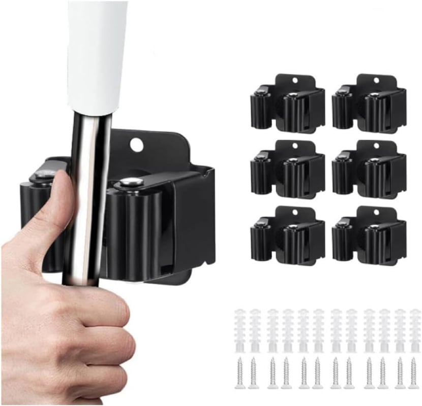 Zestaw 6 solidnych uchwytów na miotły ze stali nierdzewnej montowanych na ścianie do łazienki/kuchni (czarny)