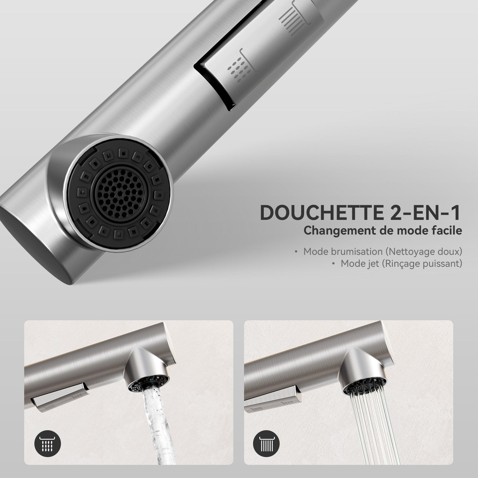 Brossé Robinet de Evier Avec 2 modes d'eau - Robinet de Cuisine avec Douchette Extractible - Mitigeur de Cuisine en Inox - 4