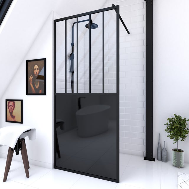 Paroi de douche 90x200 cm type Verriere - Verre trempe et Structure aluminium noir mat
