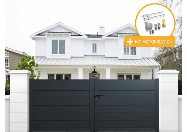 Portail aluminium battant plein en kit + Motorisation dimensions L.3000 (entre piliers) X H.1500 mm SGS Essential (vérins) Couleurs Gris (RAL 7016)