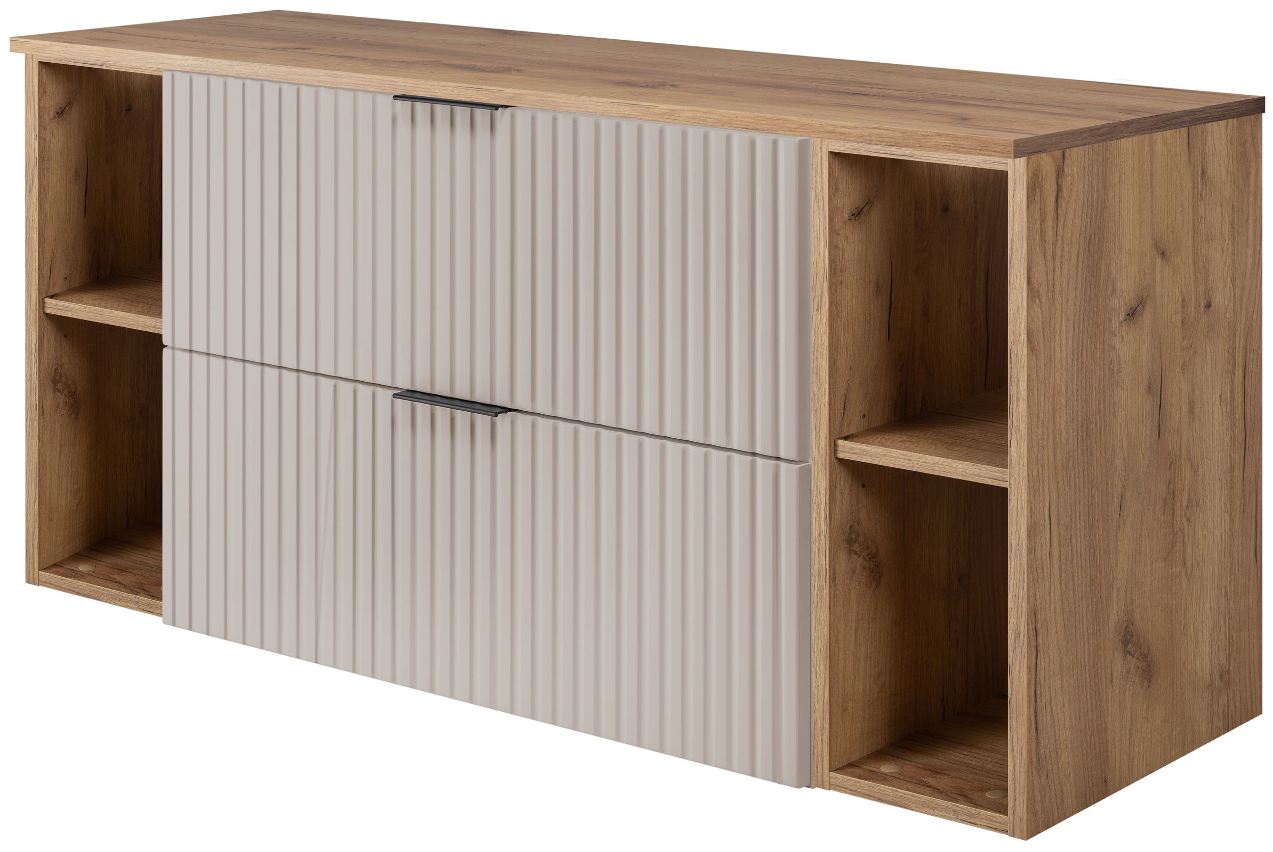 Zestaw łazienkowy FLOW 120 cm kaszmir z blatem dąb craft i regałami