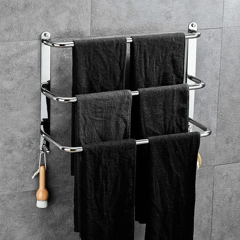 3-poziomowy wieszak na ręczniki drabinkowy z 2 haczykami, potrójny drążek na ręczniki do łazienki, błyszczący srebrny, 40 cm