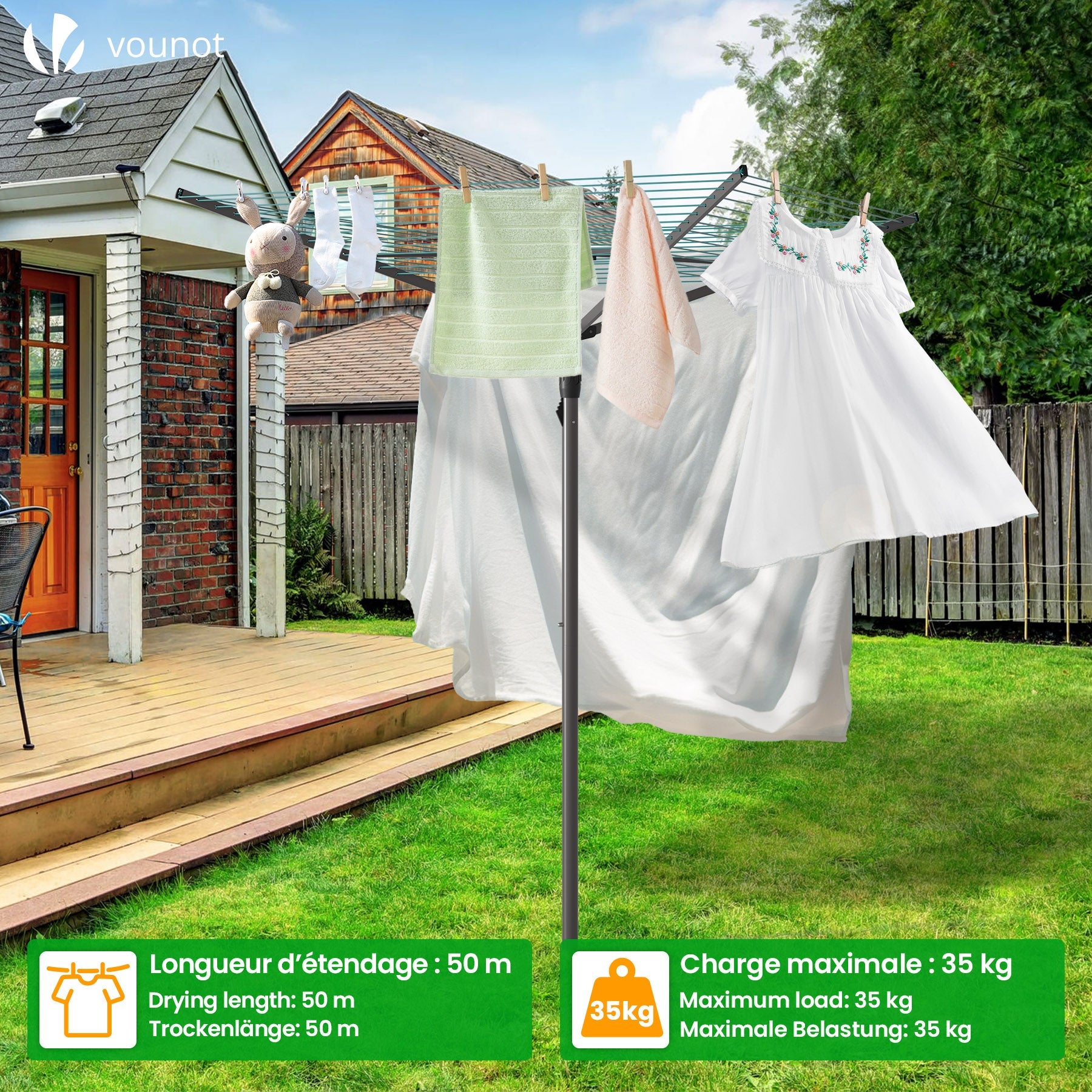 Étendoir à linge extérieur rotatif 50m avec housse de protection - Séchoir parapluie grande surface d'étendage - Gris - VOUNOT® - 2