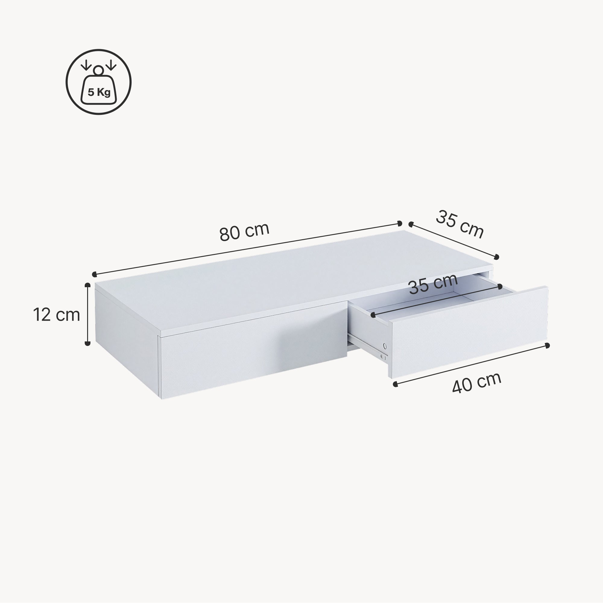 Mensola con 2 Cassetti Affiancati Consolle da Parete con Doppio Cassetto Comodino Sospeso 80x35x12 cm - Bianco [en.casa] - 3