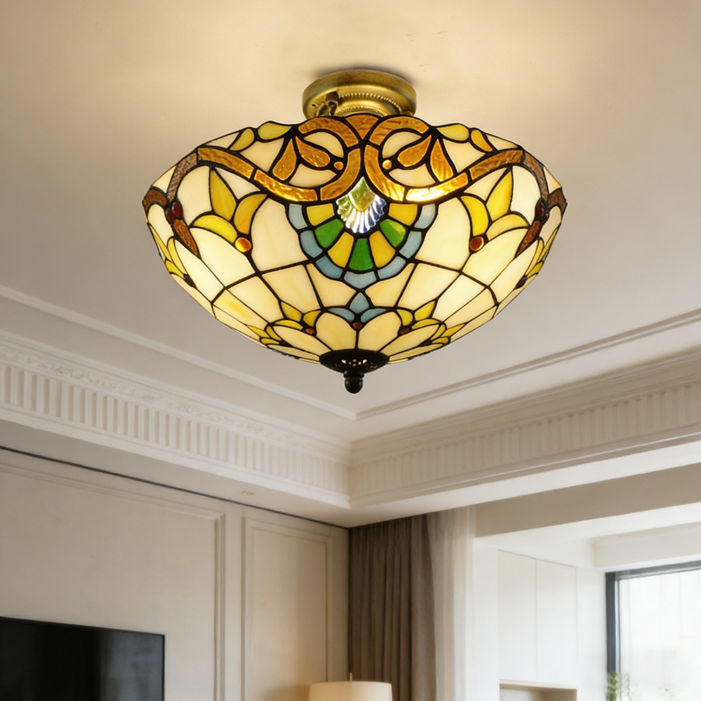 Plafonnier Tiffany, Lustre encastré, Suspension en verre, Éclairage d'entrée LED, Lampadaire LED rétro, φ40 cm (ampoule non incluse) - 9