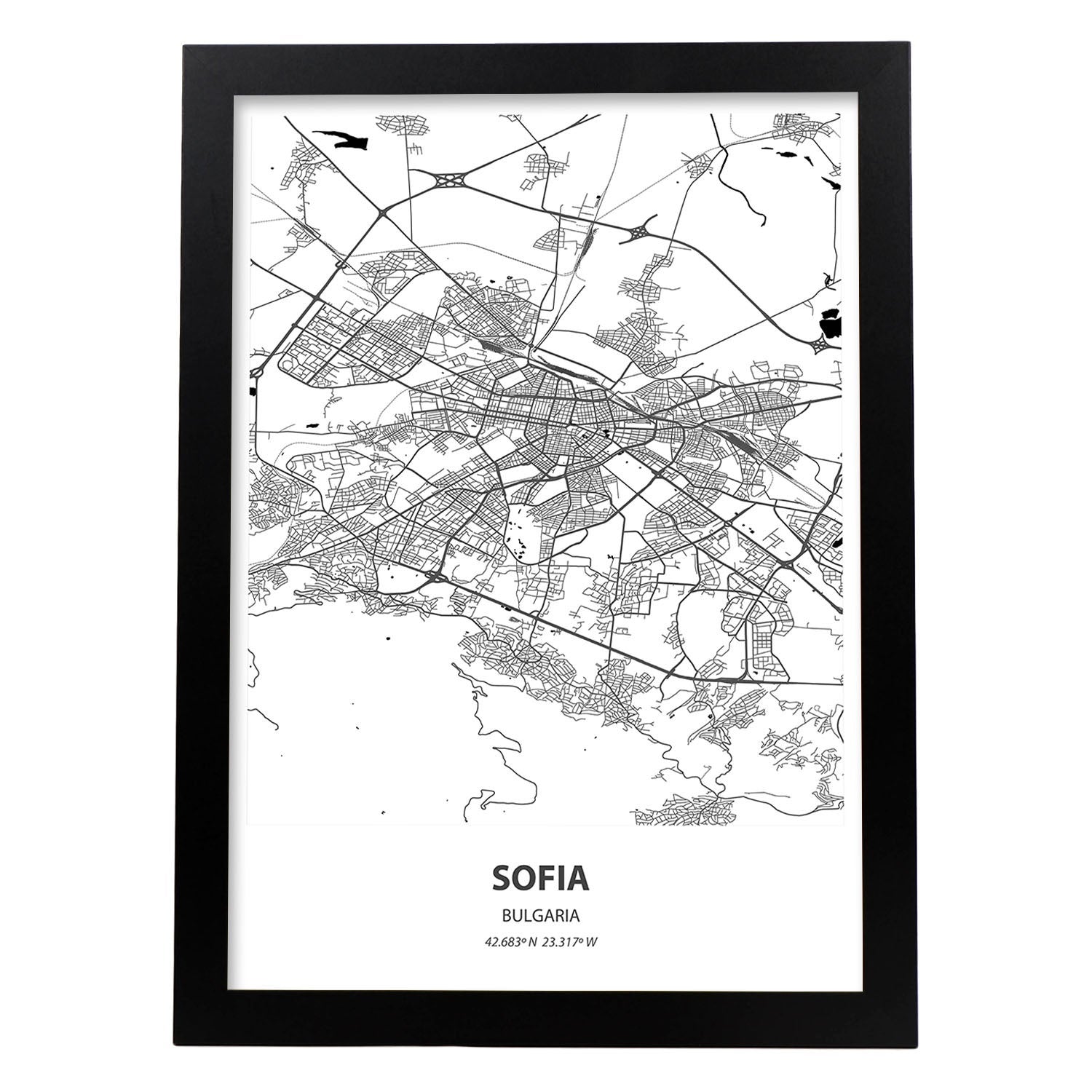 Poster con mapa de sofia bulgaria. láminas de ciudades de europa con mares y rios en color negro. sin marco - a3