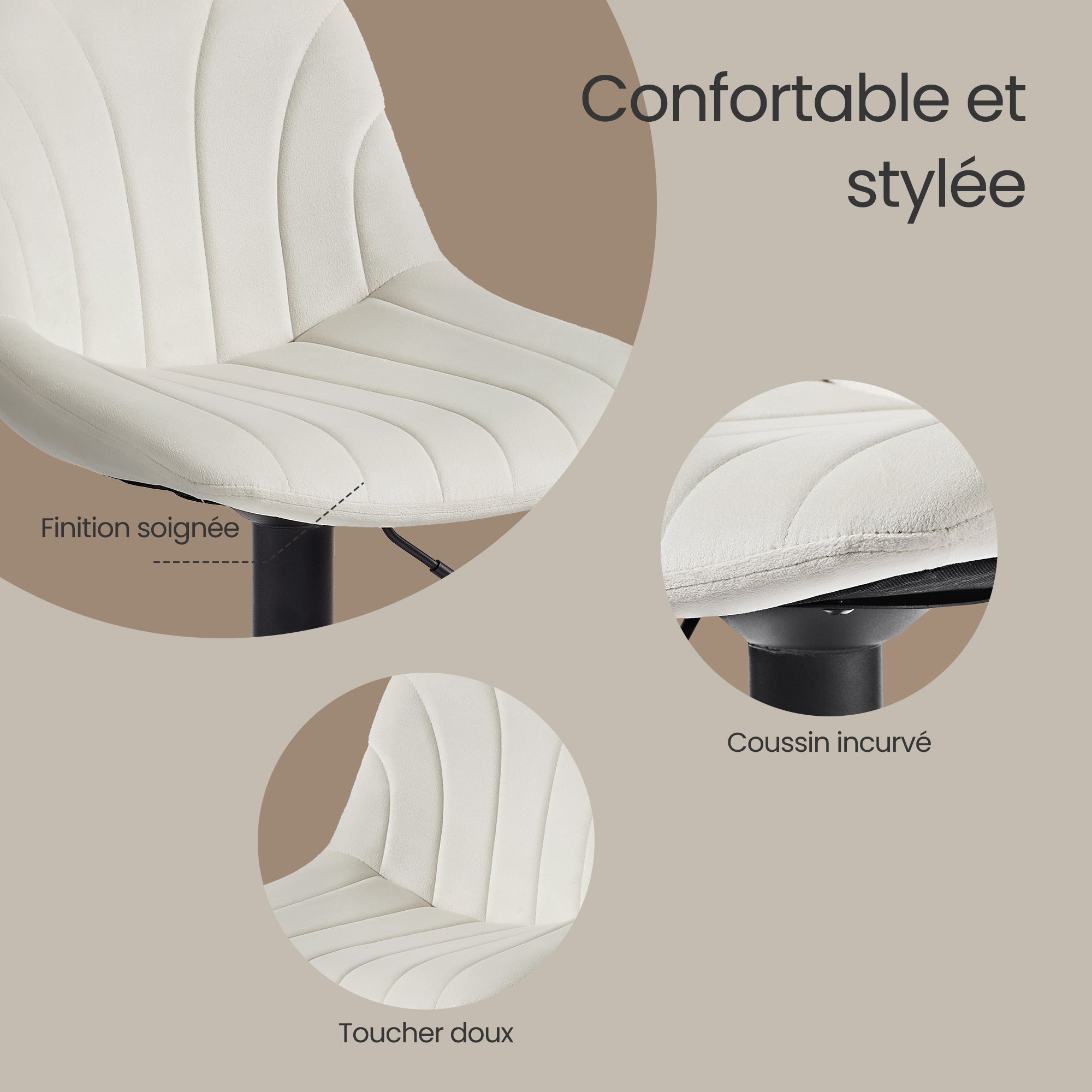 Chaises de Bar Réglables, Tabourets avec Dossier, Rotation 360°, Velours, pour Cuisine, Salle à Manger, Lot de 2, Blanc - 4