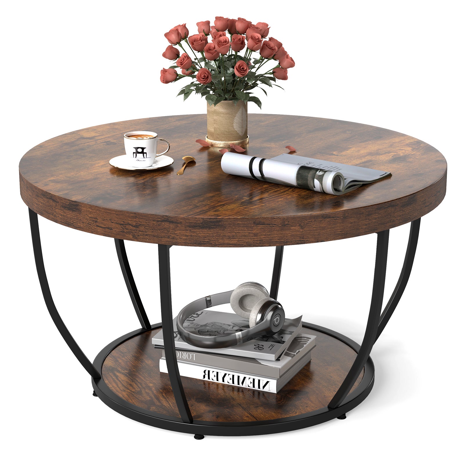 Set 2 Tavolini Rotondi Sovrapponibili | Legno E Metallo | Stile Industriale - Foto 3