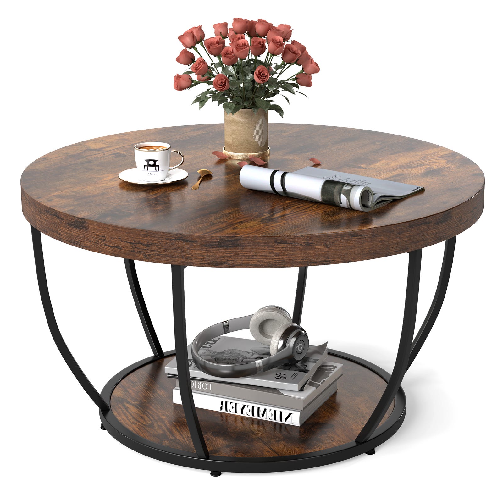 Set 2 Tavolini Rotondi Sovrapponibili | Legno E Metallo | Stile Industriale - Foto 3