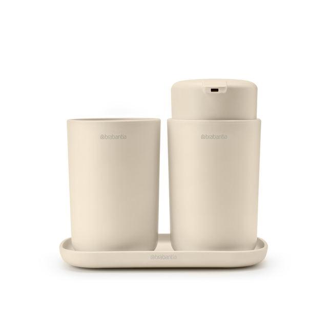 Brabantia ReNew Ensemble d'accessoires pour la salle de bains - distributeur de savon, porte brosse à dents et plateau - Soft Beige