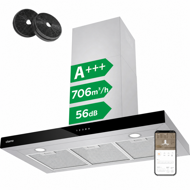 CIARRA Hotte Aspirante 90cm Tactile et Wi-Fi Connecté 706 m3/h 4 Vitesses Booster Classe A+++ CBCS9102
