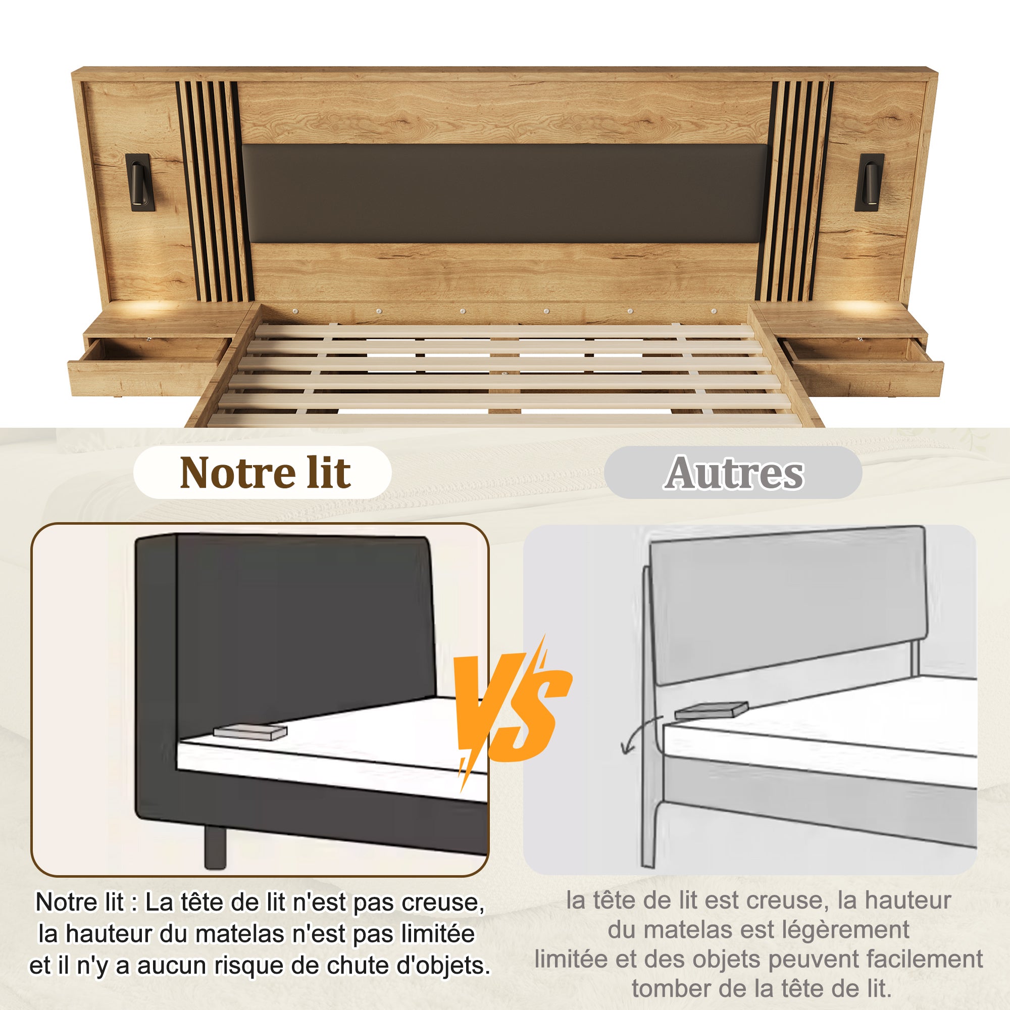 Lit 160x200 cm avec 2 avec table de nuit et 2 lampes de lecture, lit double en bois avec tiroirs, cadre de lit avec sommier, naturel (sans matelas) - 6