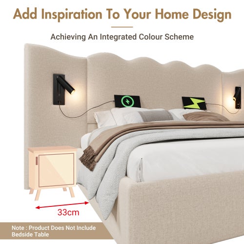 Lit double 180×200 avec rangement, lampe de lecture 360°, ports USB & Type-C, cadre en lin et bois massif, beige (sans matelas) - 5