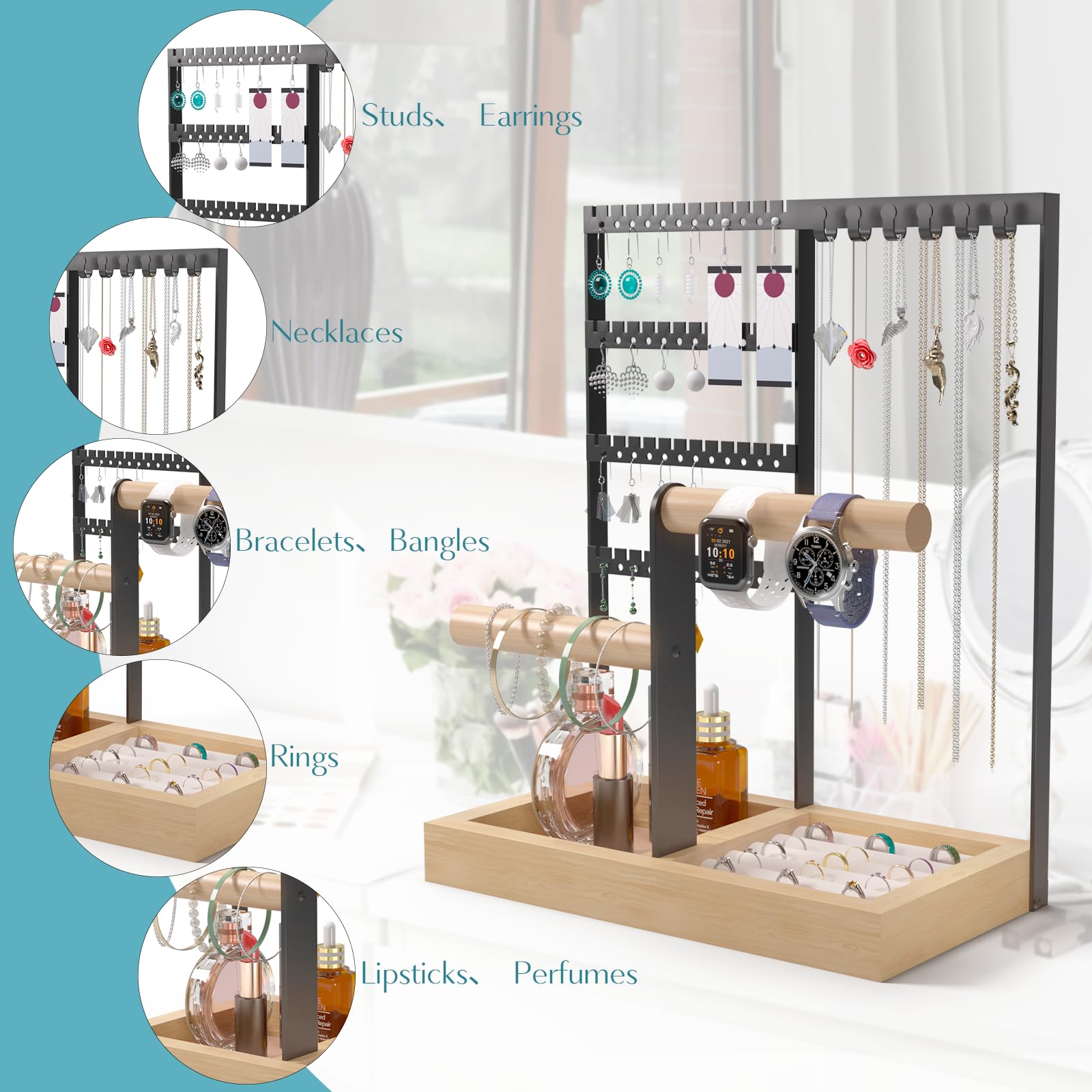 MINICLOSS Présentoir à bijoux, support à colliers et boucles d'oreilles, support à bijoux amovible à double axe (doré) - 4