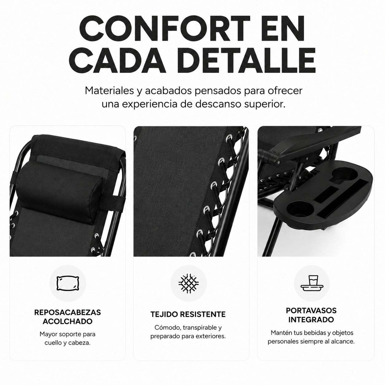 Pack 2 Espreguiçadeiras Dobráveis Praia Pretas com Porta-copos - 3