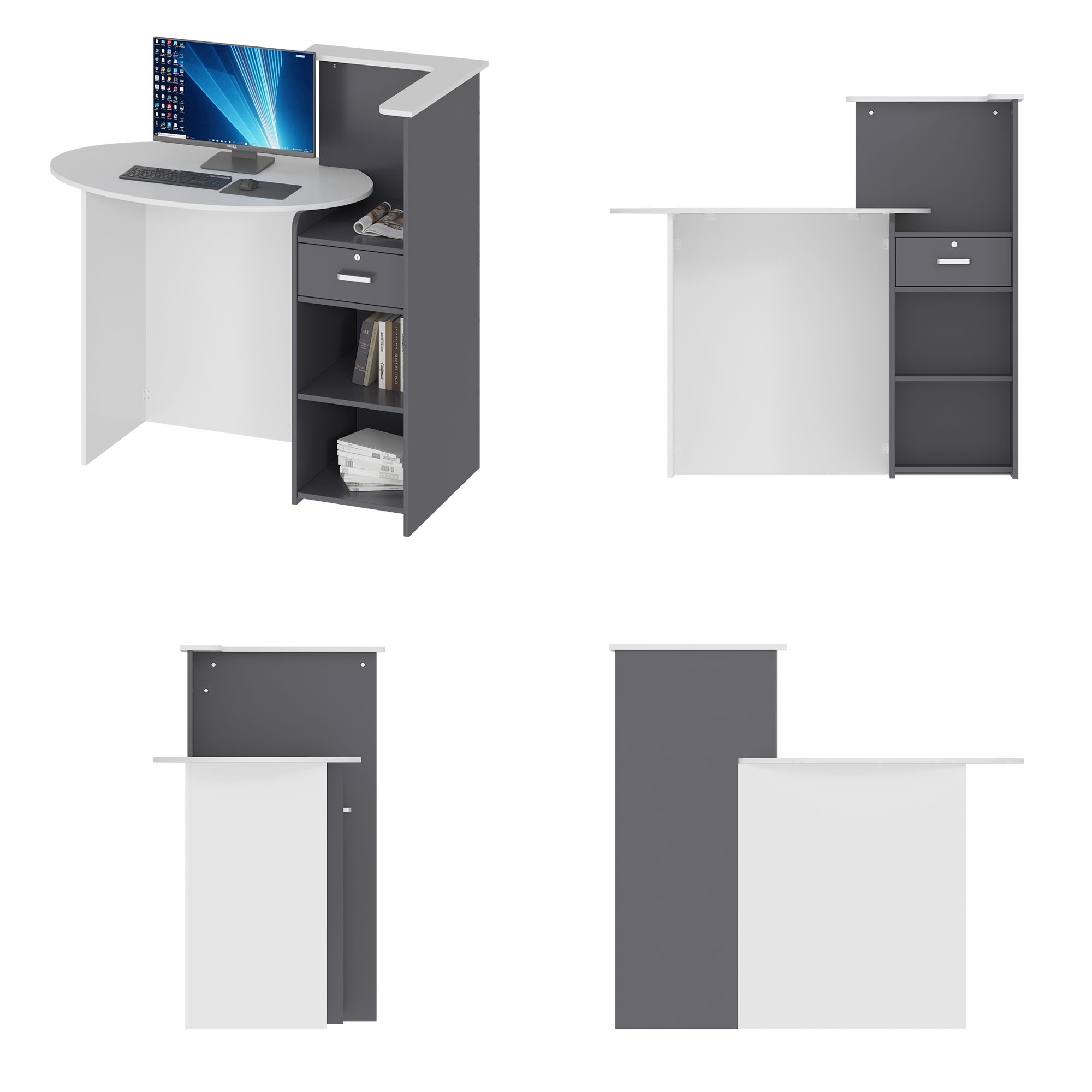 Bureau d’Accueil avec Compartiments et Tiroir, Comptoir de Réception avec Plan de Travail Ovale, Bureau,121x60x121cm, Blanc et Noir - 5